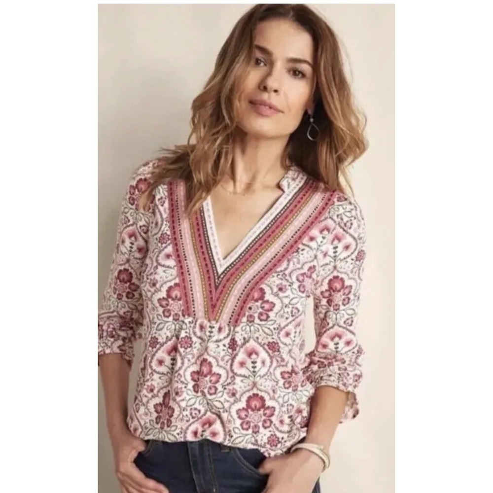 Matilda Jane Heart to Heart Daydream Floral Medallion Blouse XS Pink V-Neck Top